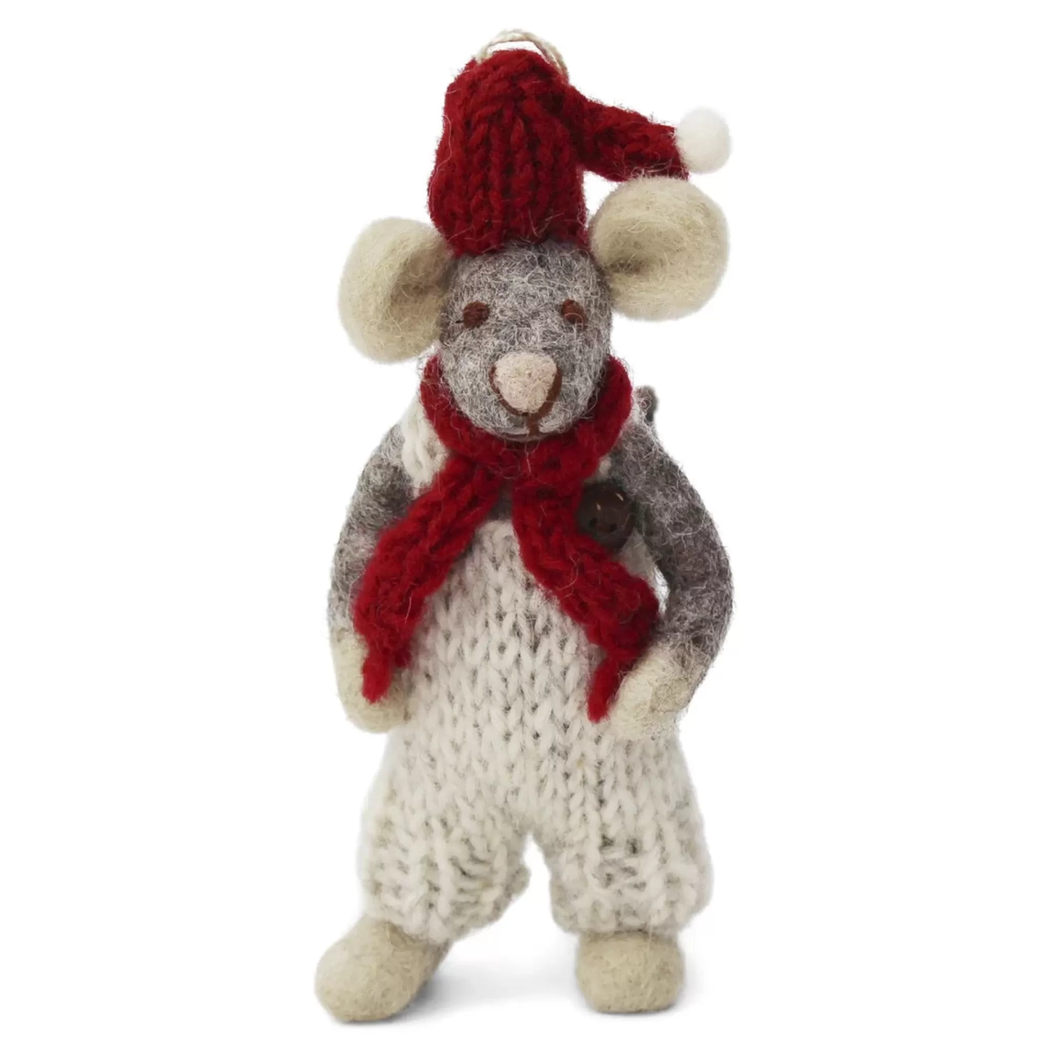 En Gry & Sif Christmas Figurine - Winter Mouse Boy (Small) With Red Hat And Scarf (Grey)