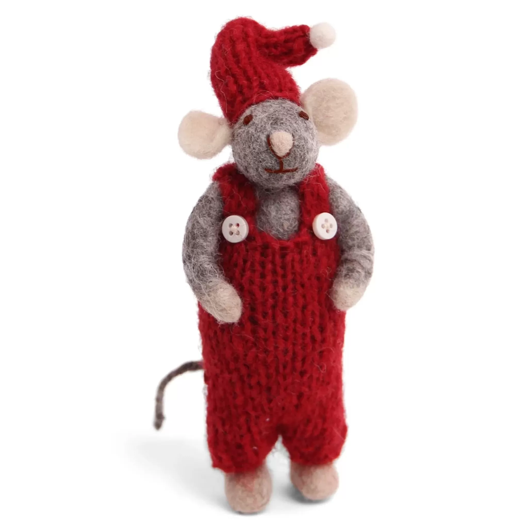 En Gry & Sif Christmas Figurine - Winter Mouse Boy (Small) With Red Overalls (Grey)