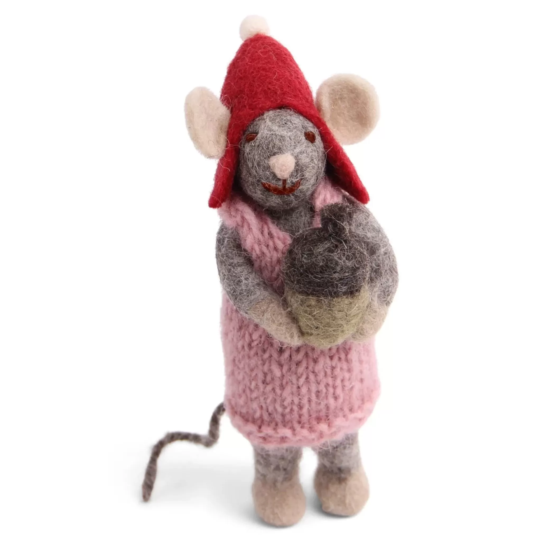 En Gry & Sif Christmas Figurine - Winter Mouse Girl (Small) With Acorn (Grey)