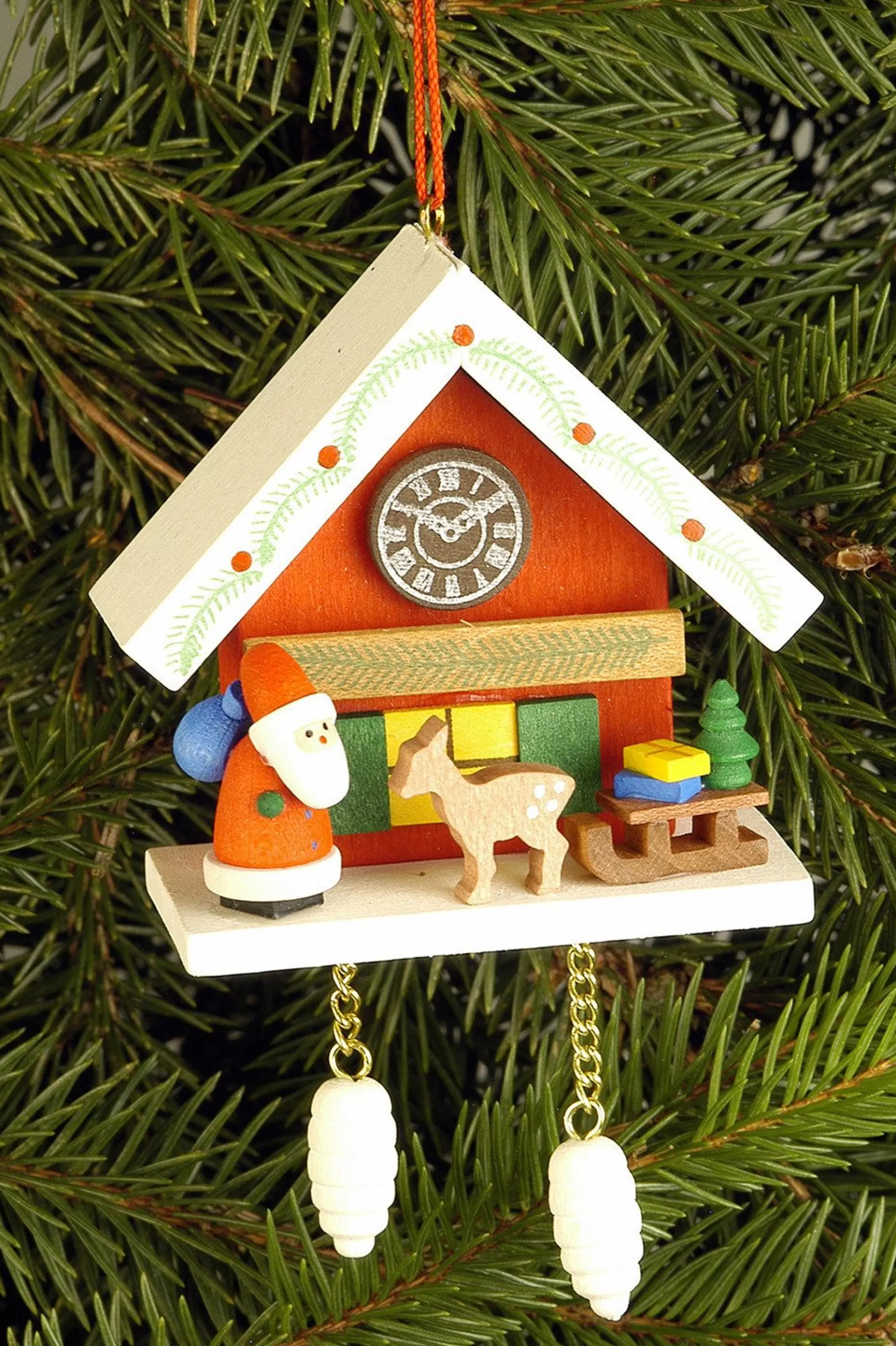 Christian Ulbricht Cuckoo Clock - Santa And Reindeer Under Snow-Capped Roof - Christmas Tree Decoration