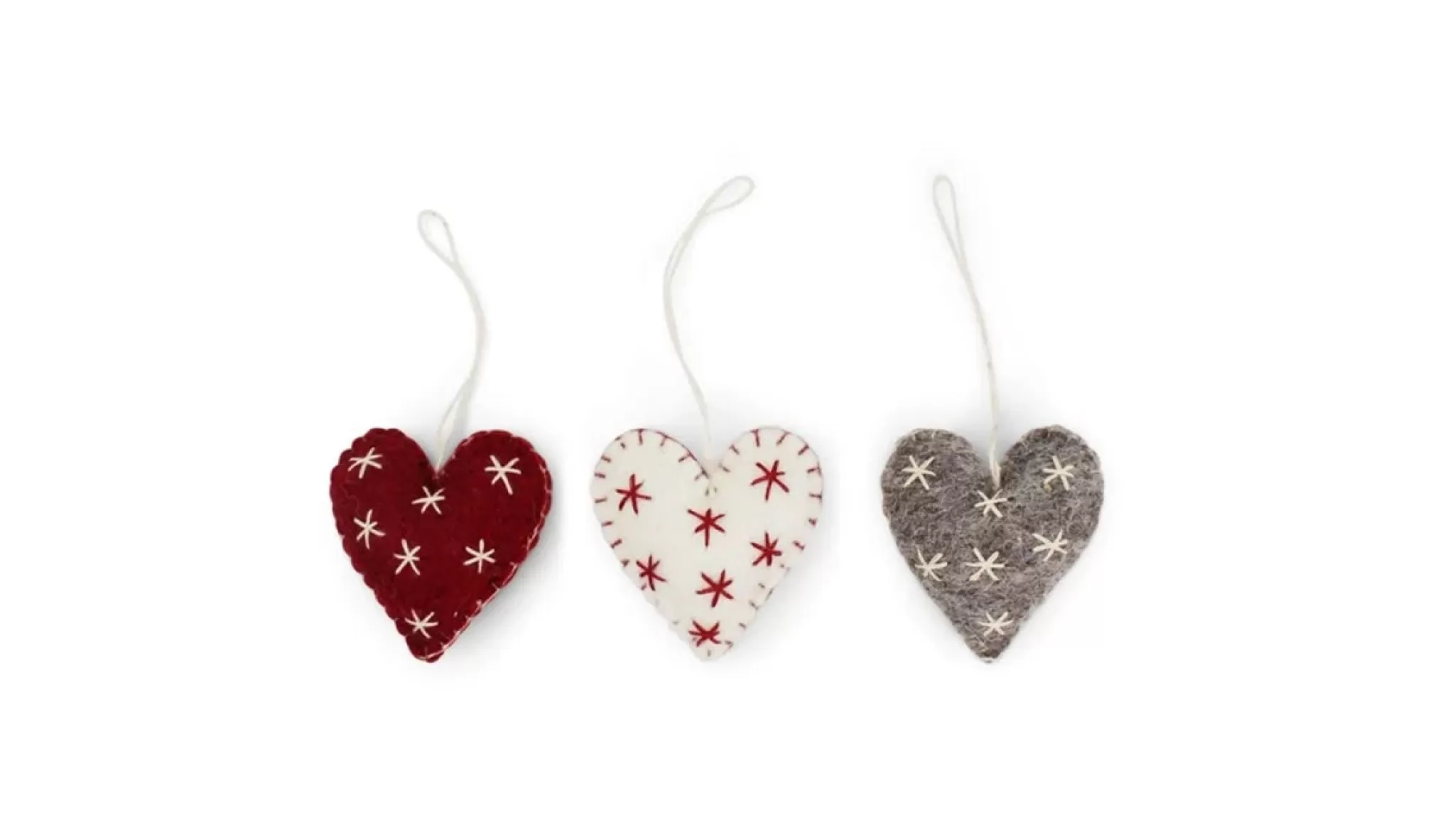 En Gry & Sif Felt Christmas Tree Decoration - Hearts With Fine Stars (Set Of 3)