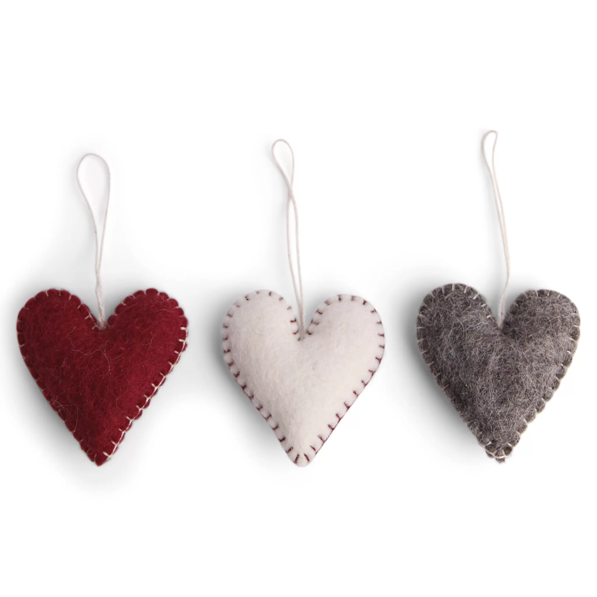 En Gry & Sif Felt Christmas Tree Decoration - Hearts With Stitching (Set Of 3)