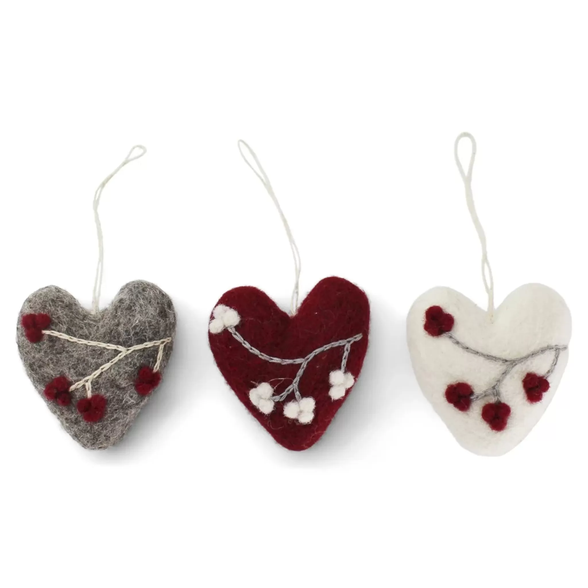En Gry & Sif Felt Christmas Tree Decoration - Hearts With Winter Berries (Set Of 3)