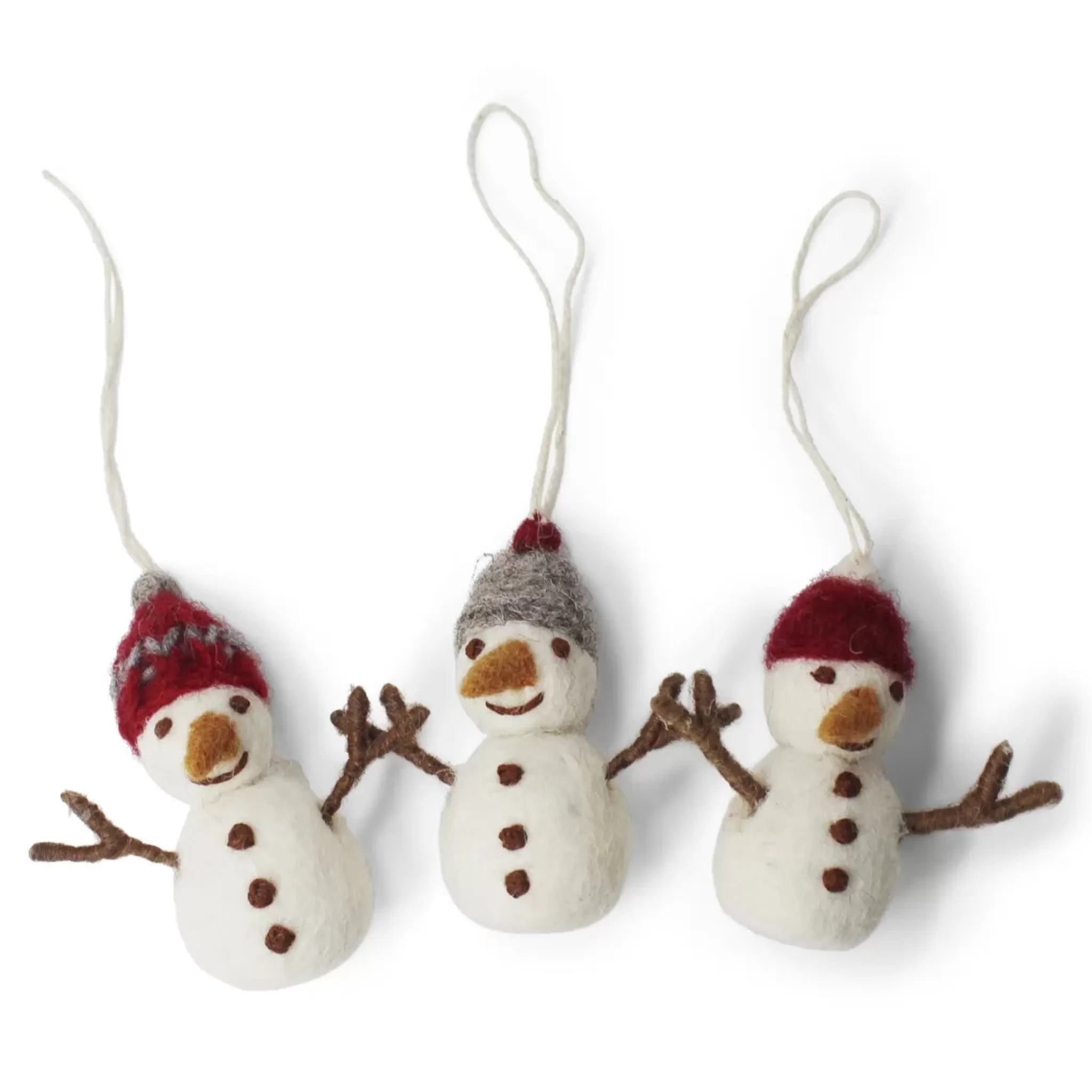 En Gry & Sif Felt Christmas Tree Decoration - Snowmen With Knitted Caps (Set Of 3)