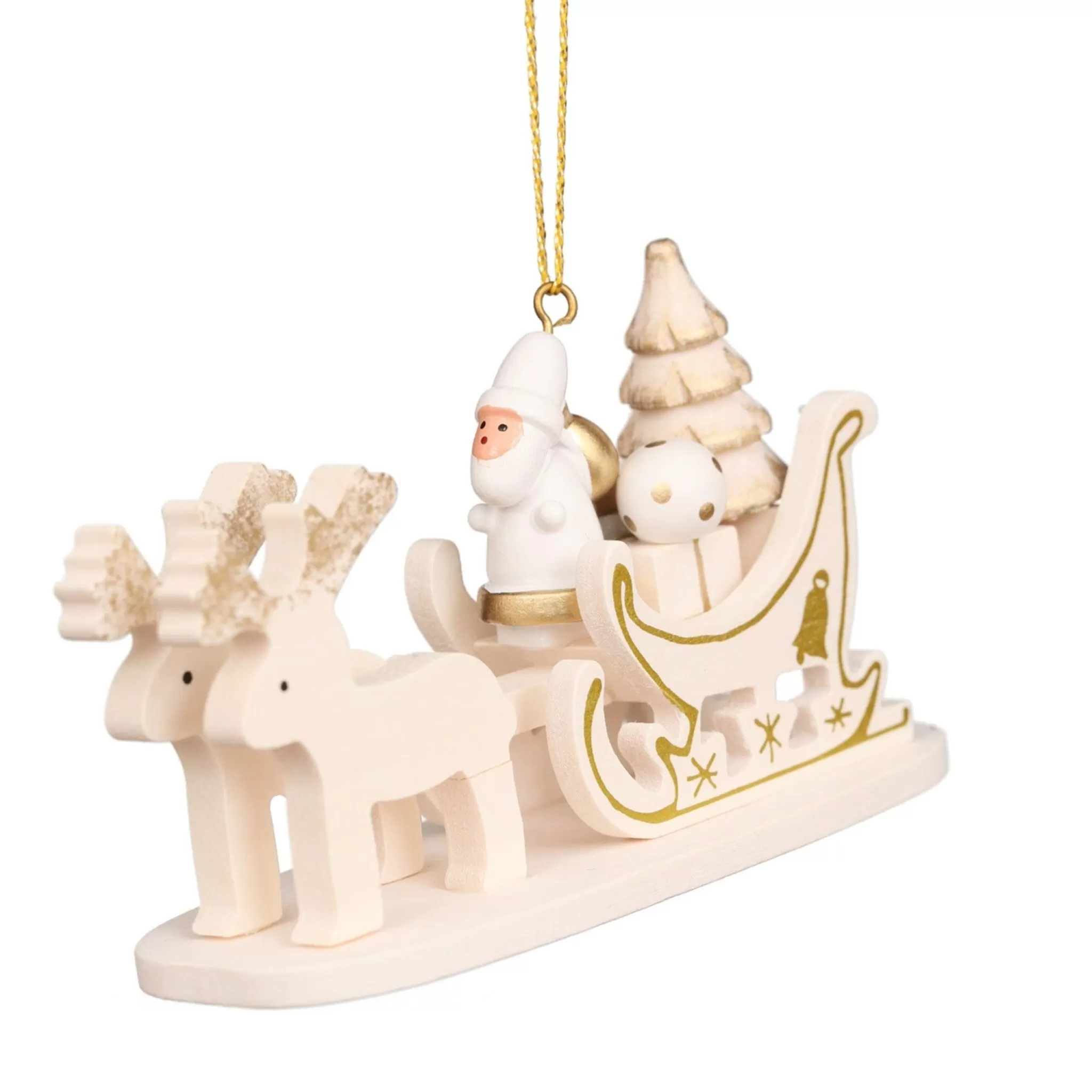 Christian Ulbricht Reindeer Sleigh With Santa (White And Gold) - Christmas Tree Decoration